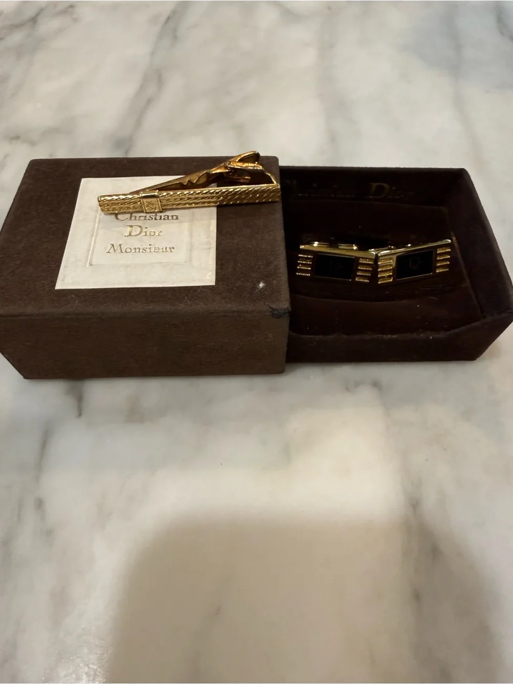 Vintage Christian Dior Monsieur Gold Tone Cufflinks & Tie Bar Set w/ Box